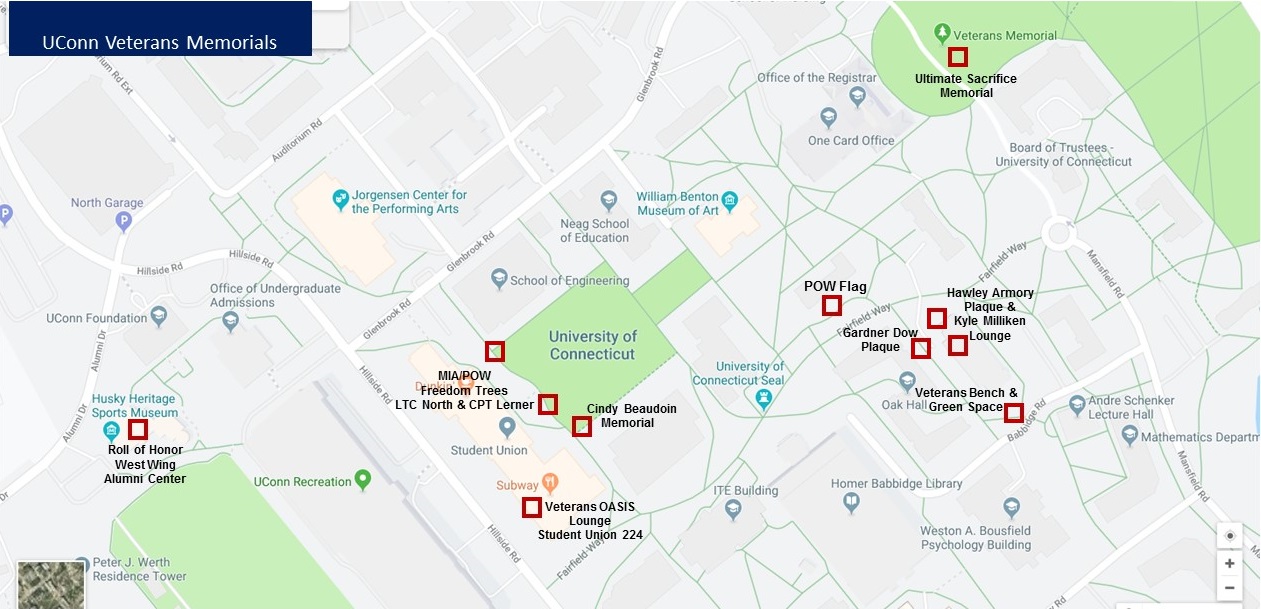Map of the Veterans Monuments at the UConn Campus in Storrs, CT